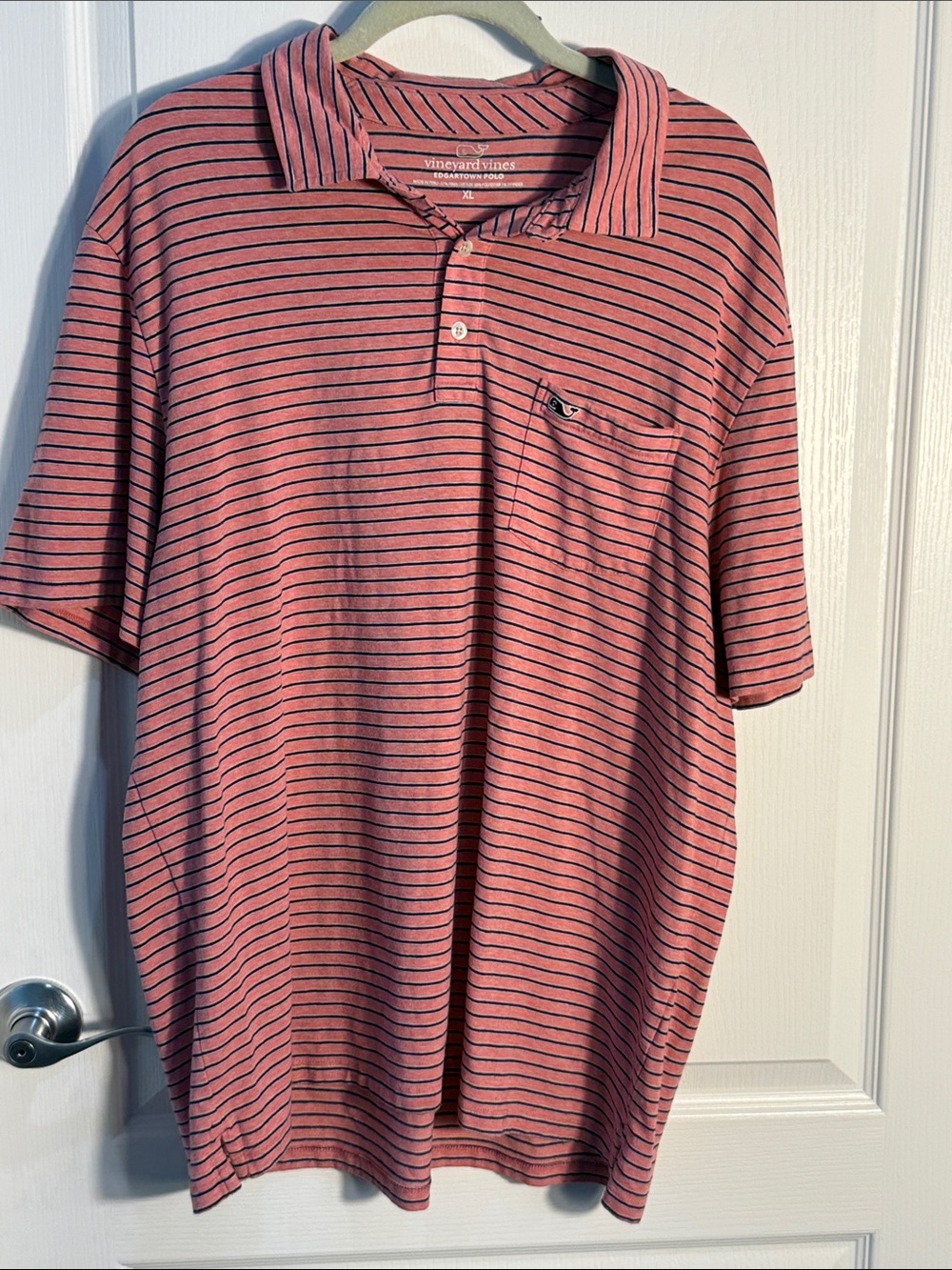 Vineyard Vines Men’s Coral Pink Edgartown Polo with Navy Stripes Sz XL